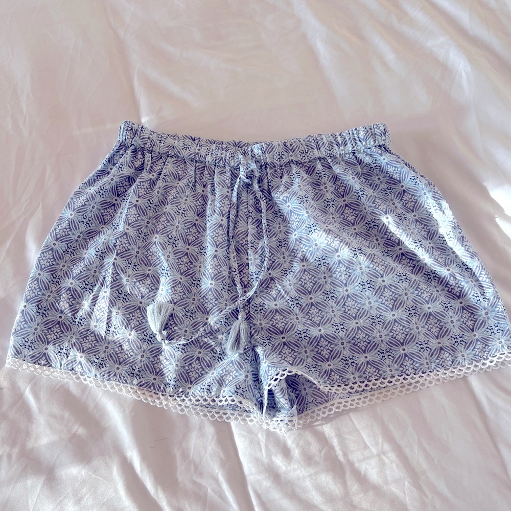 Haute Hippie Style Blue Geometric Lace-Trim Resort Beach Shorts